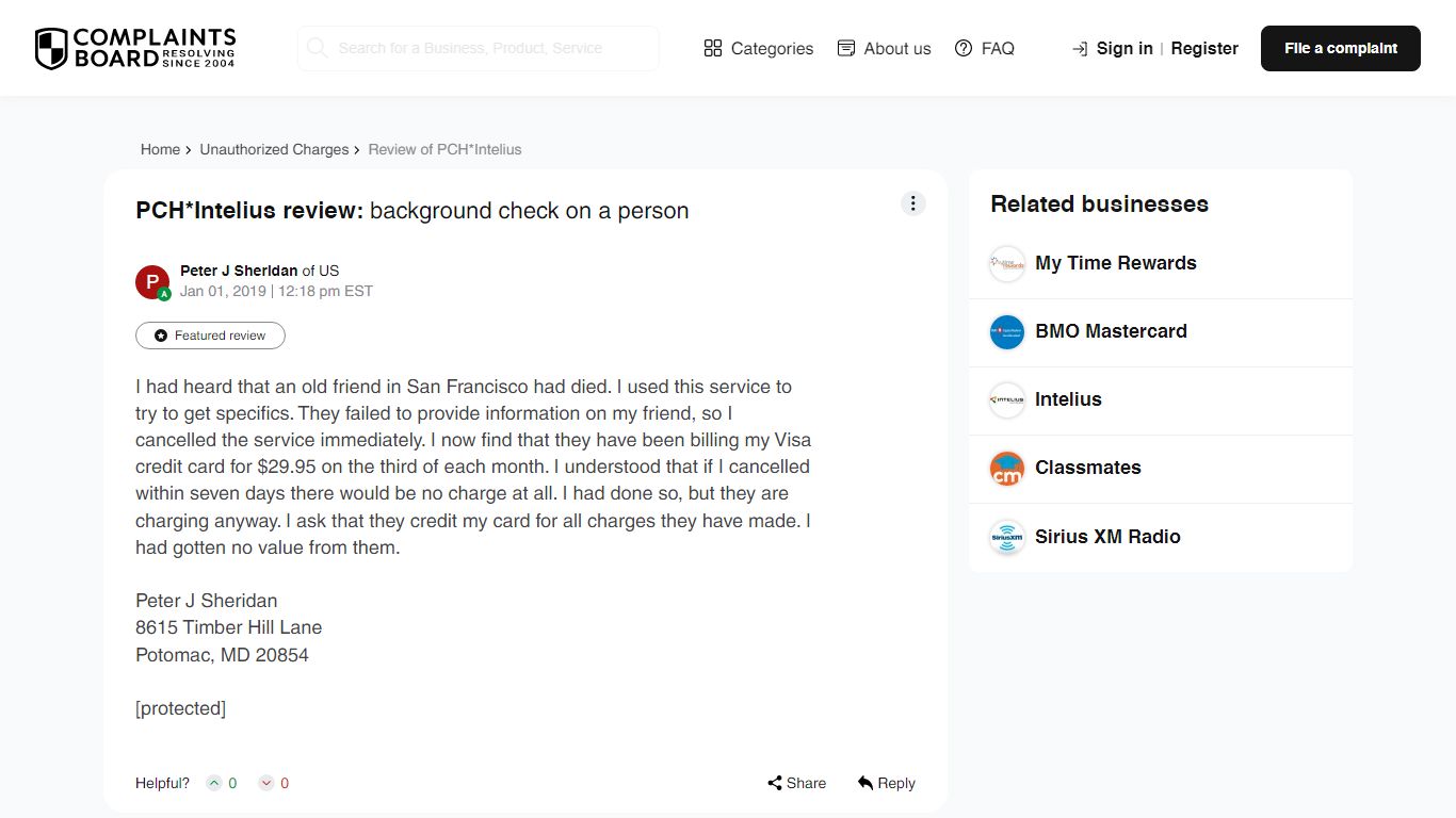 PCH*Intelius review: background check on a person - Complaints Board